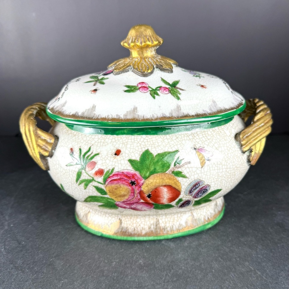 VINTAGE Chinese Soup Tureen Plate Stoneware Brass Knob and HandlesTang Hua 1851